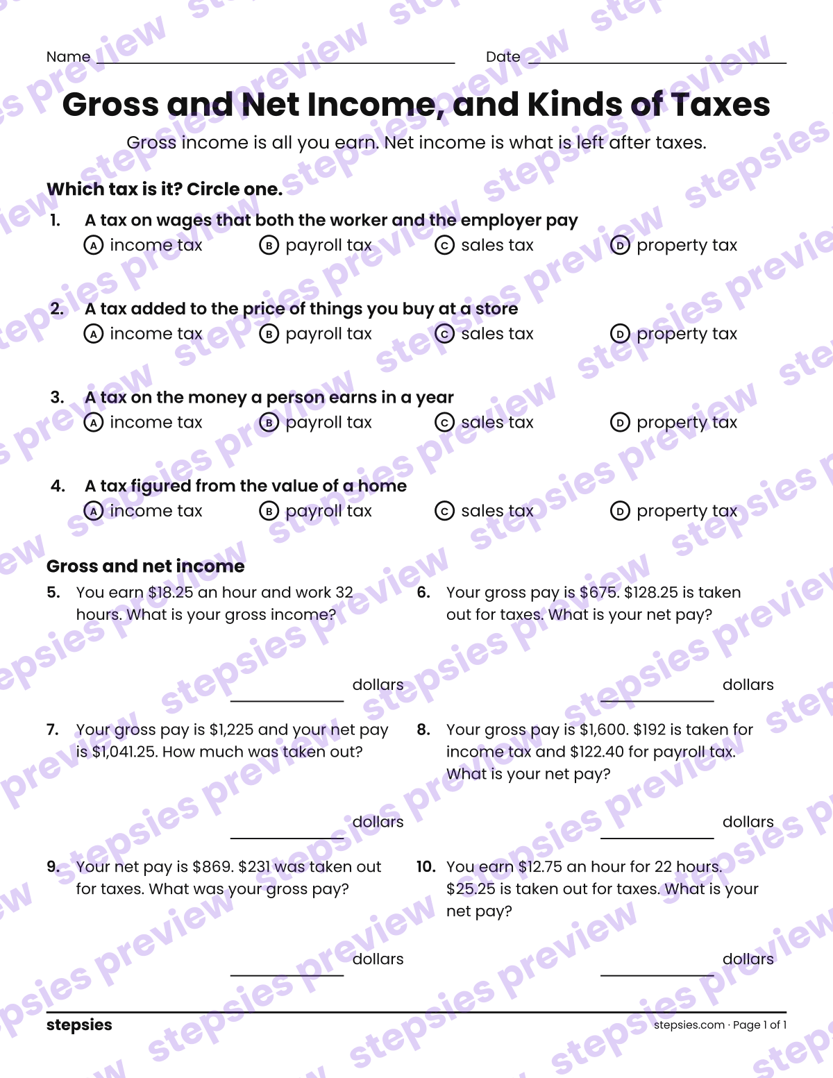 Gross and Net Income, and Kinds of Taxes: page 1 of a printable Grade 5 Math worksheet