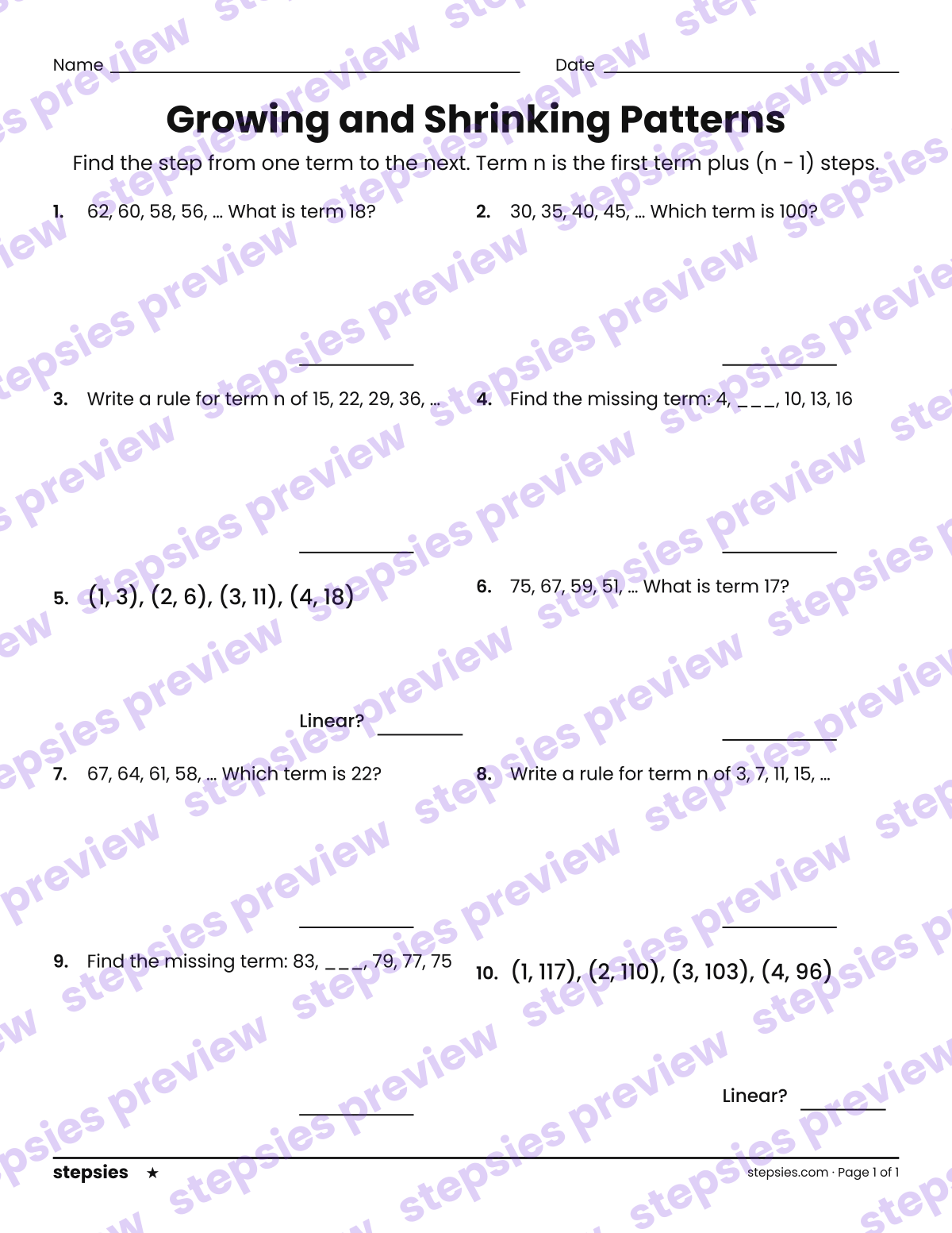 Growing and Shrinking Patterns: page 1 of a printable Grade 6 Math worksheet
