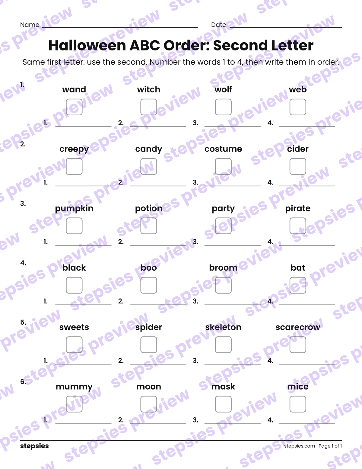 Halloween ABC Order: Second Letter: page 1 of a printable Grades 1 and 2 Language worksheet