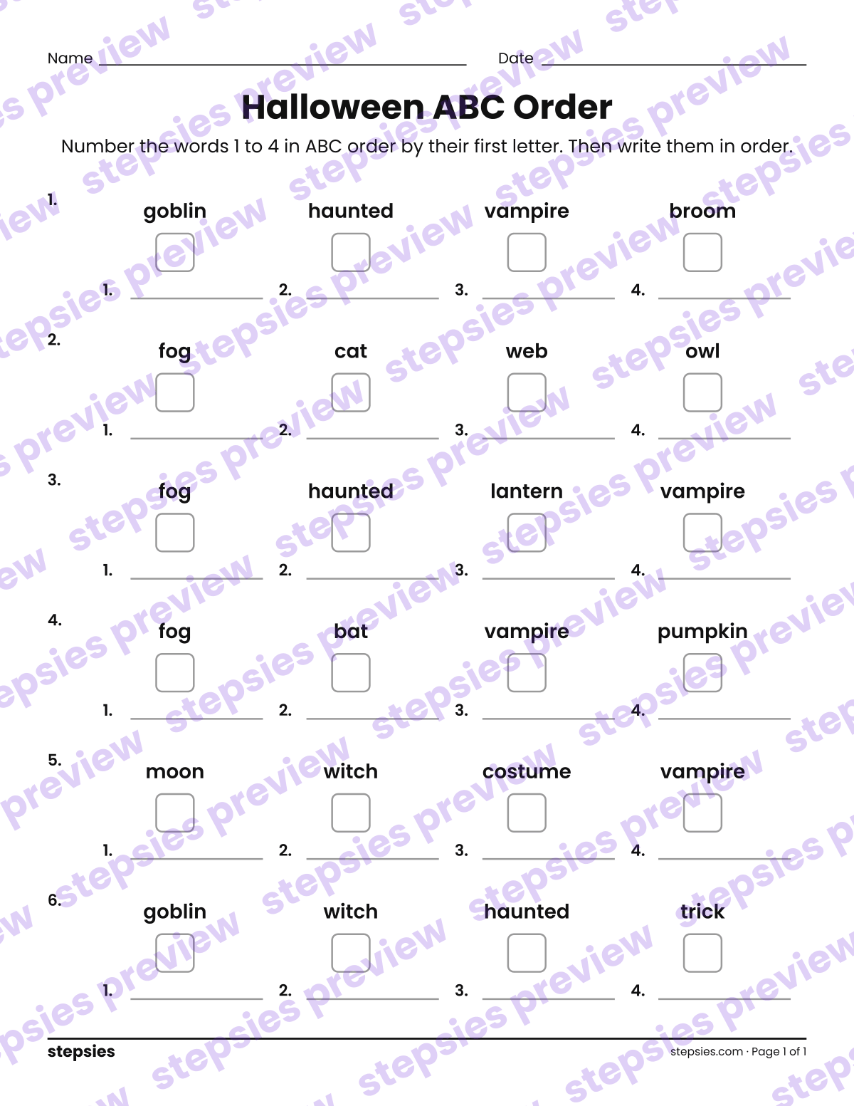 Halloween ABC Order: page 1 of a printable Grades 1 and 2 Language worksheet