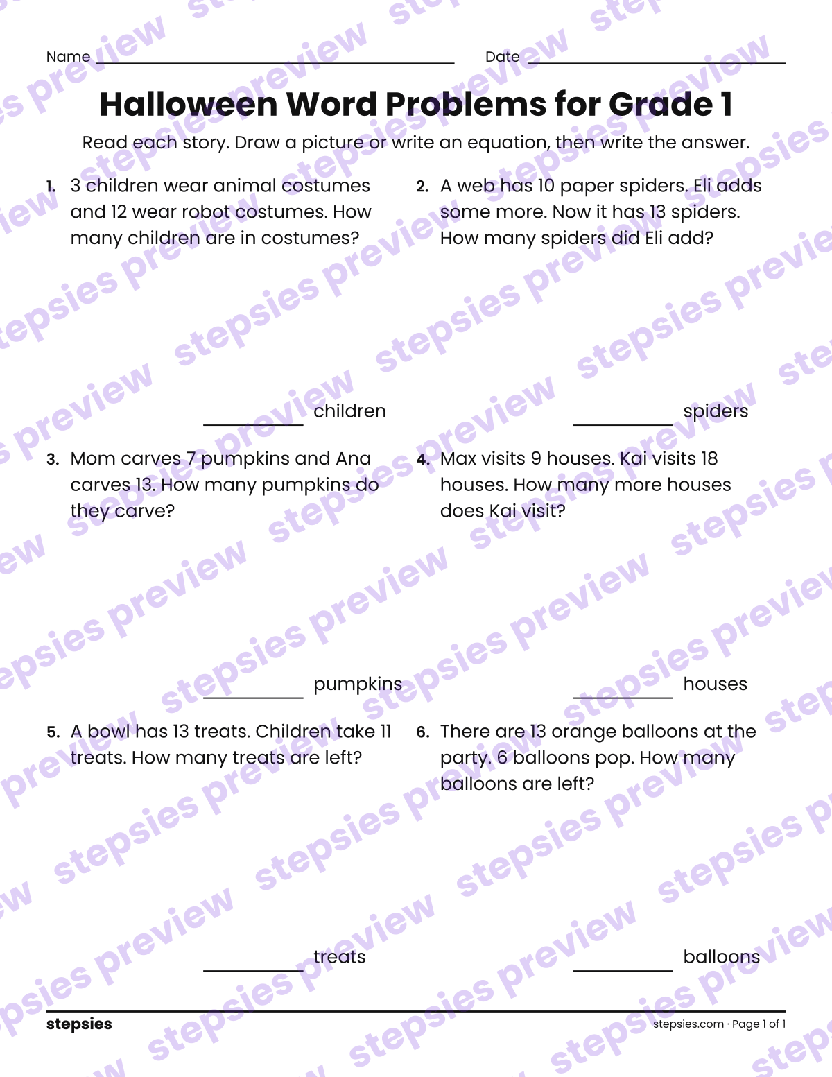 Halloween Word Problems for Grade 1: page 1 of a printable Grade 1 Math worksheet