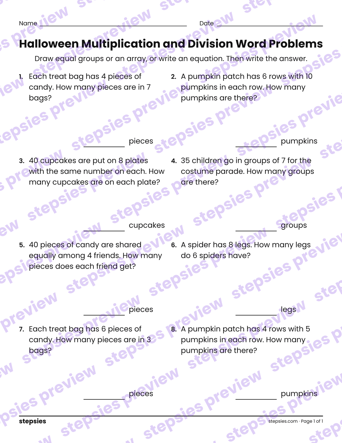 Halloween Multiplication and Division Word Problems: page 1 of a printable Grade 3 Math worksheet