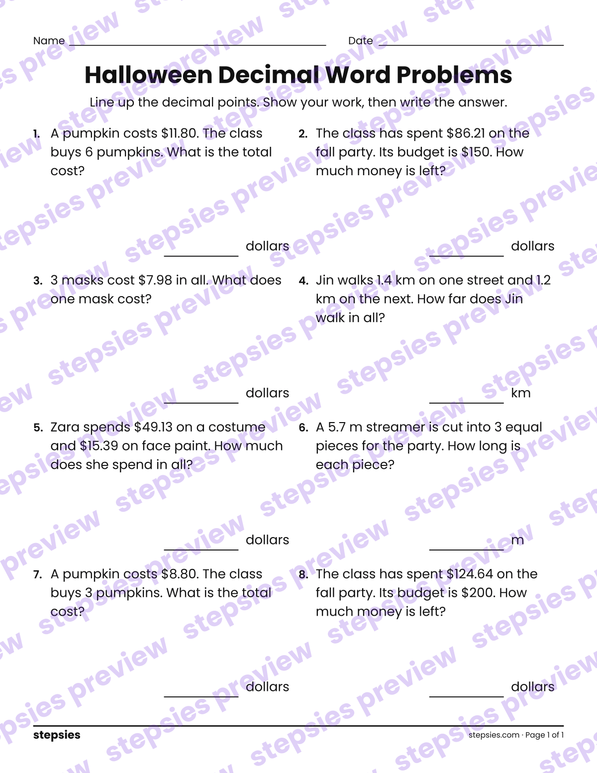 Halloween Decimal Word Problems: page 1 of a printable Grade 5 Math worksheet