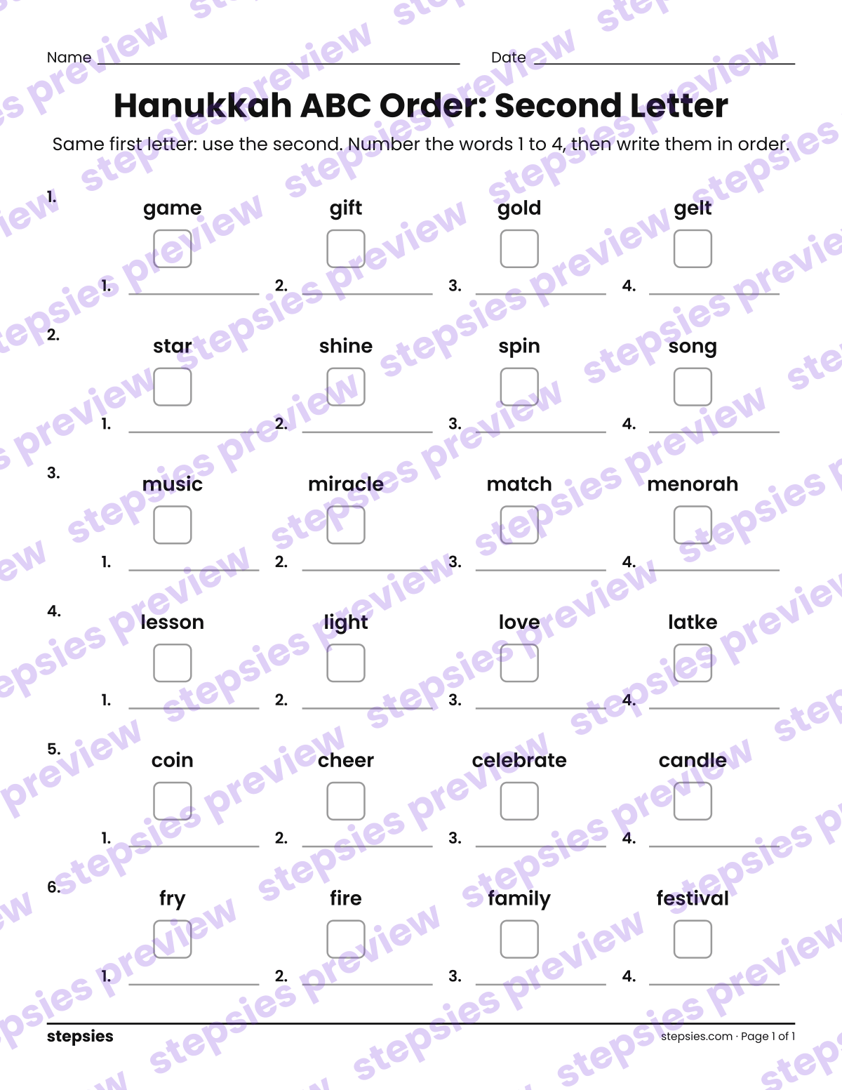 Hanukkah ABC Order: Second Letter: page 1 of a printable Grades 1 and 2 Language worksheet
