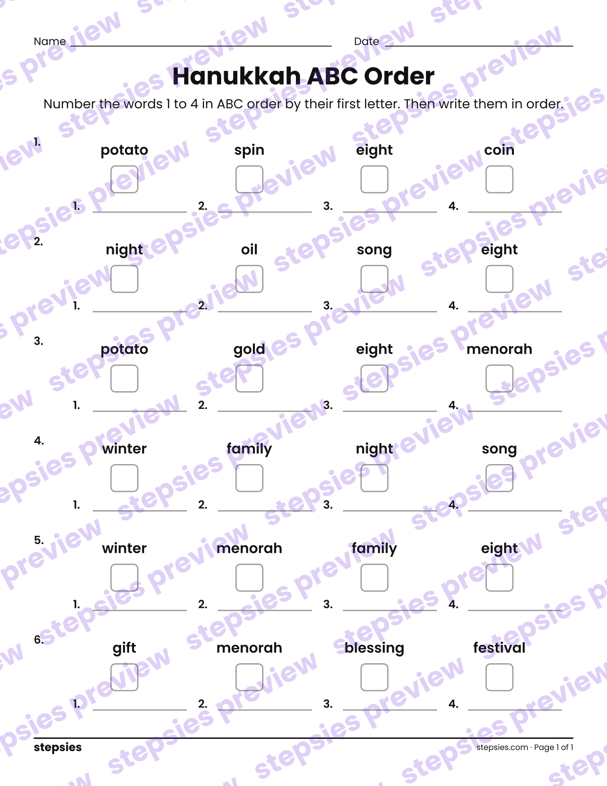 Hanukkah ABC Order: page 1 of a printable Grades 1 and 2 Language worksheet