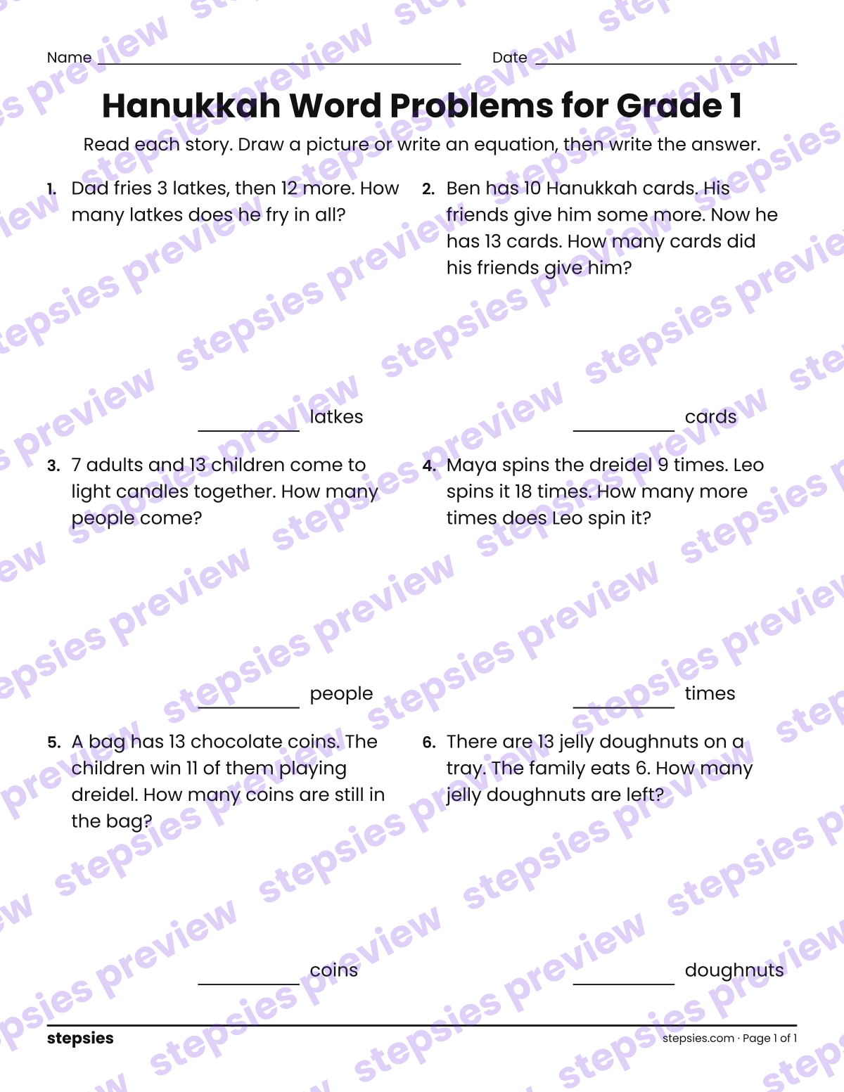 Hanukkah Word Problems for Grade 1: page 1 of a printable Grade 1 Math worksheet