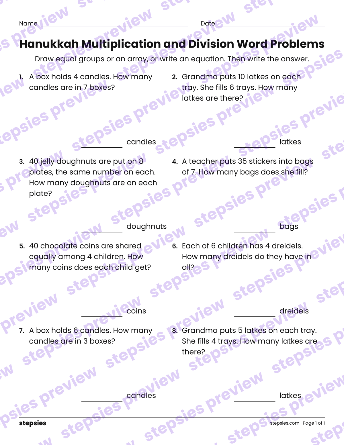 Hanukkah Multiplication and Division Word Problems: page 1 of a printable Grade 3 Math worksheet