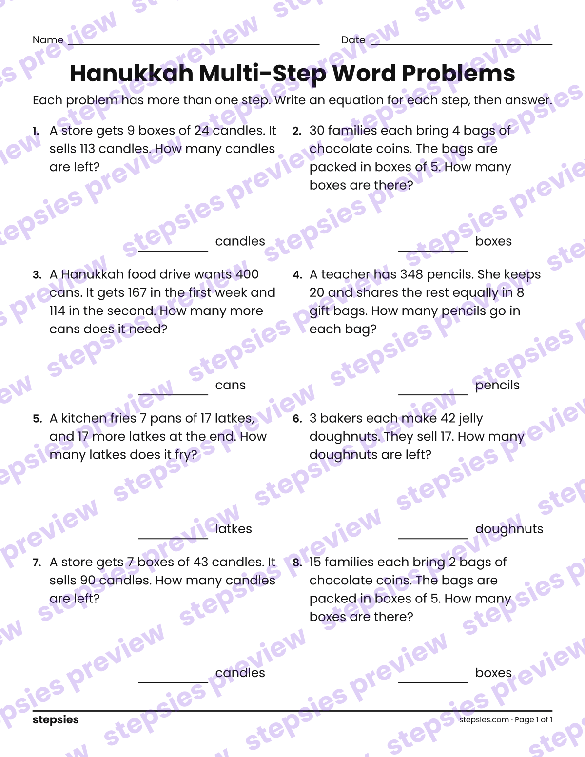 Hanukkah Multi-Step Word Problems: page 1 of a printable Grade 4 Math worksheet