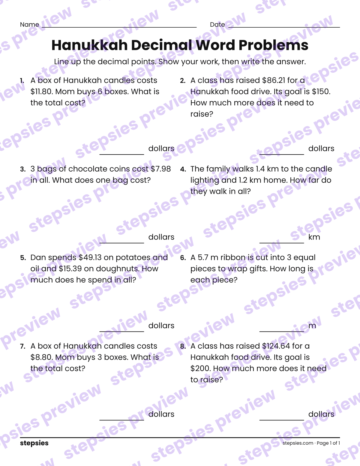 Hanukkah Decimal Word Problems: page 1 of a printable Grade 5 Math worksheet