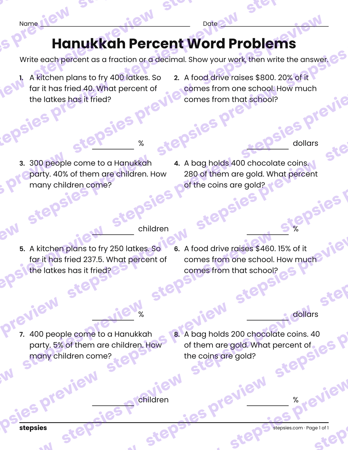 Hanukkah Percent Word Problems: page 1 of a printable Grade 6 Math worksheet
