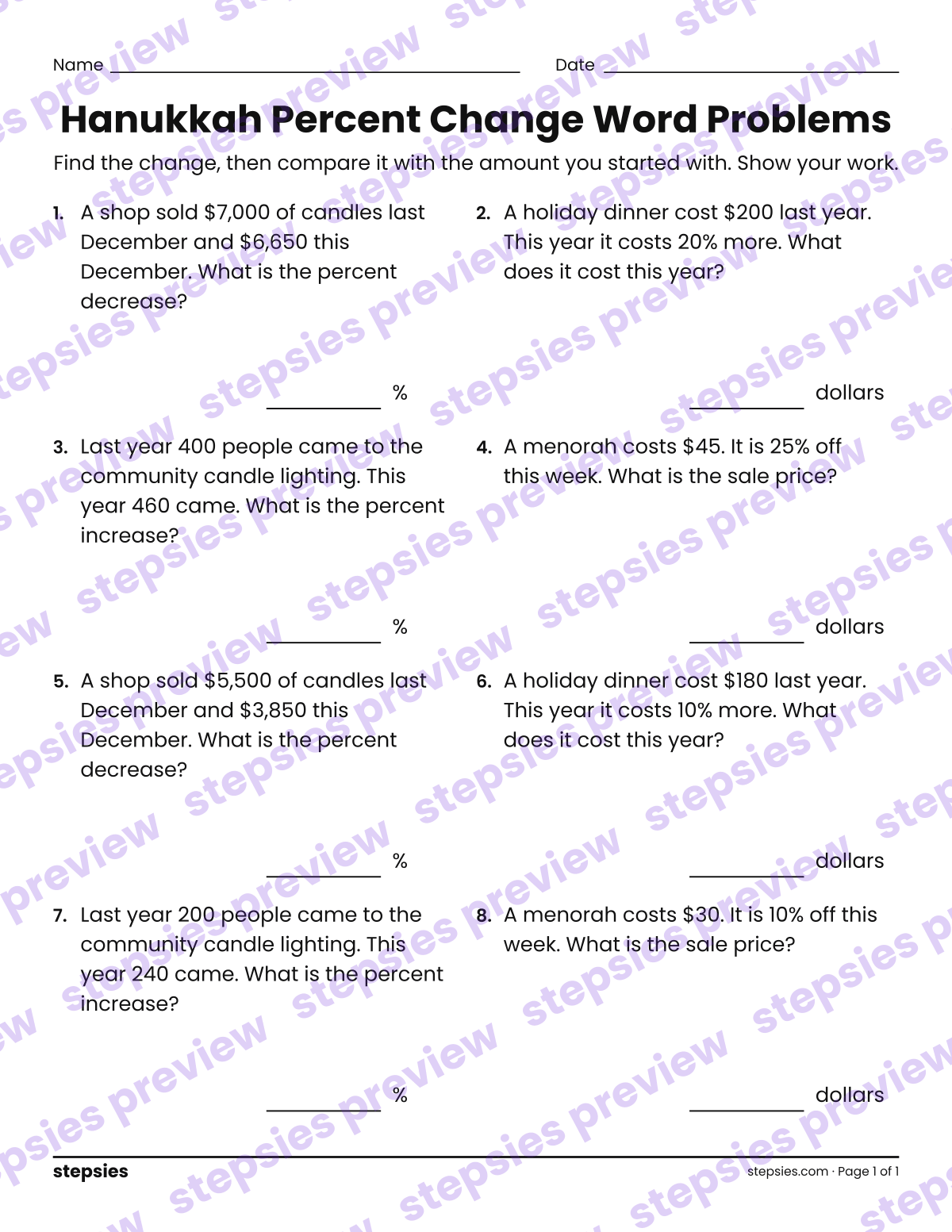 Hanukkah Percent Change Word Problems: page 1 of a printable Grade 7 Math worksheet
