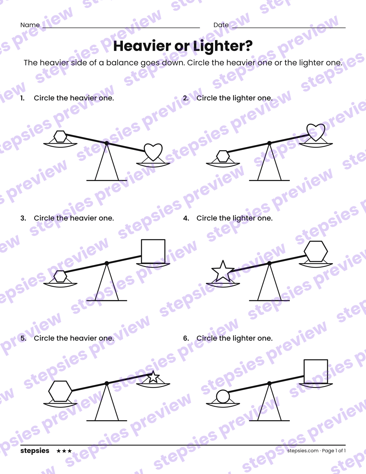 Heavier or Lighter?: page 1 of a printable Kindergarten Math worksheet