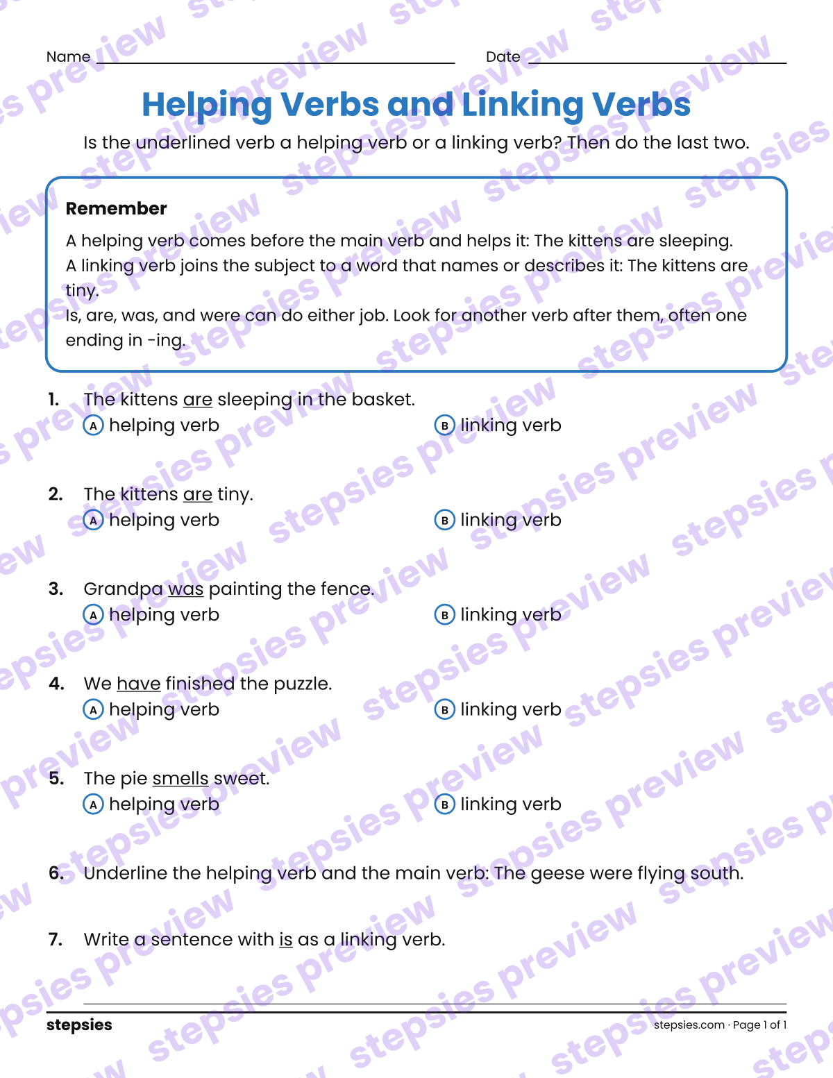 Helping Verbs and Linking Verbs: page 1 of a printable Grade 3 Language worksheet
