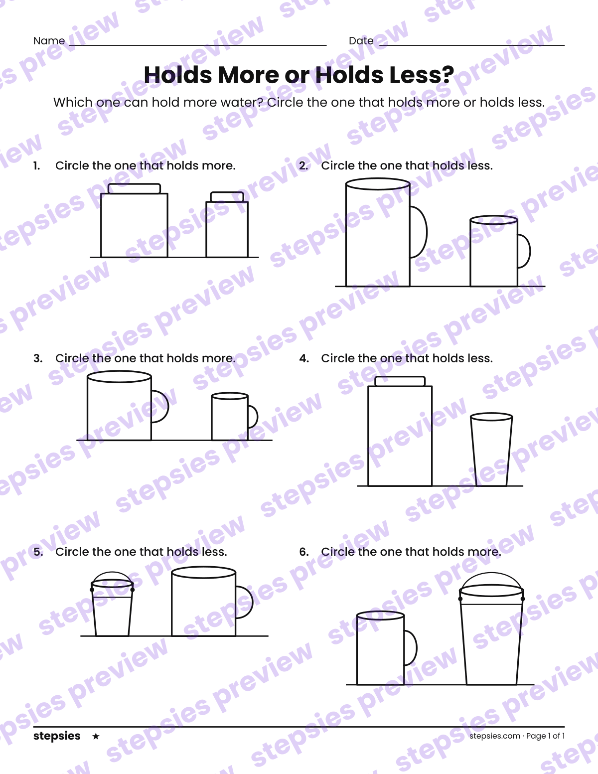Holds More or Holds Less?: page 1 of a printable Kindergarten and Grade 1 Math worksheet
