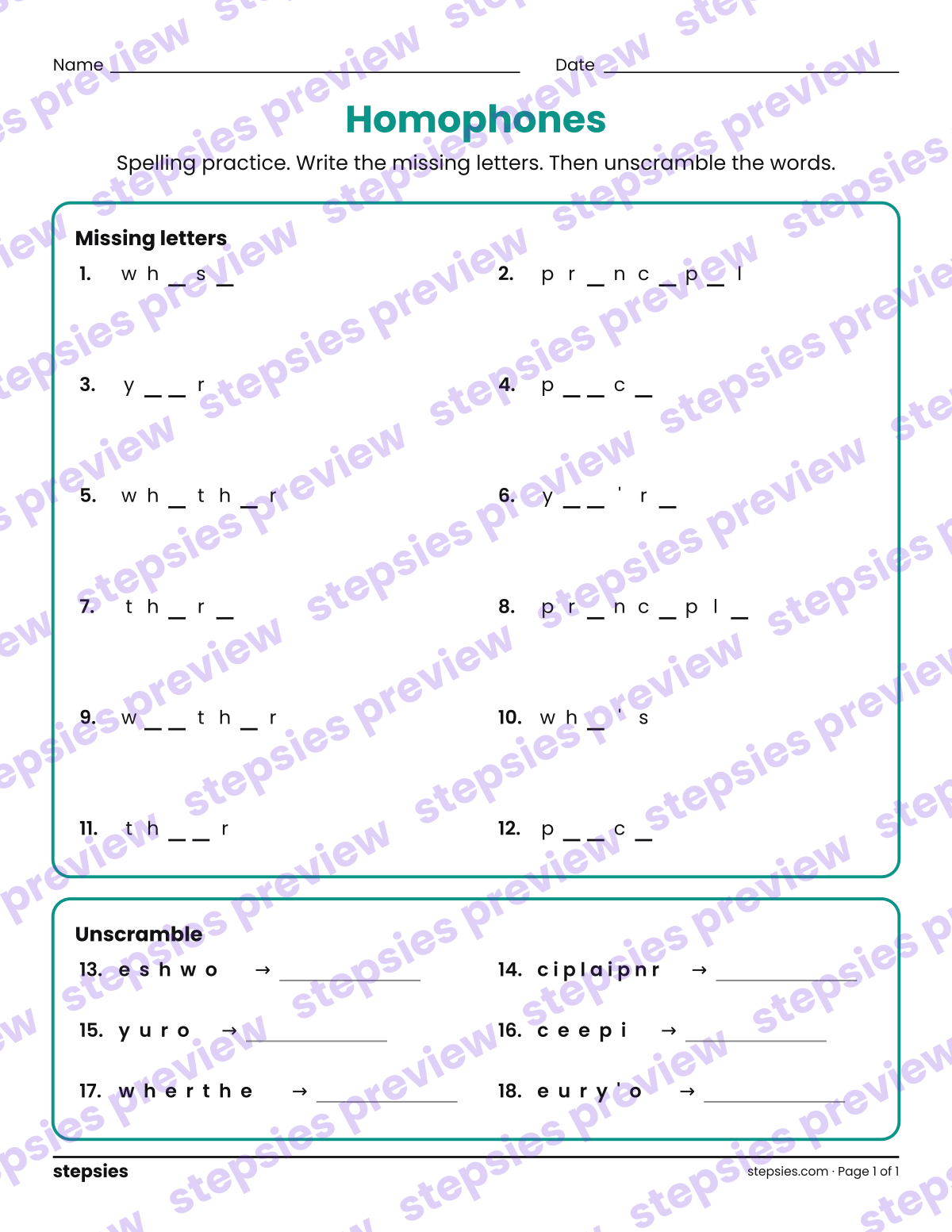 Homophones: Spelling Practice: page 1 of a printable Grade 5 Language worksheet