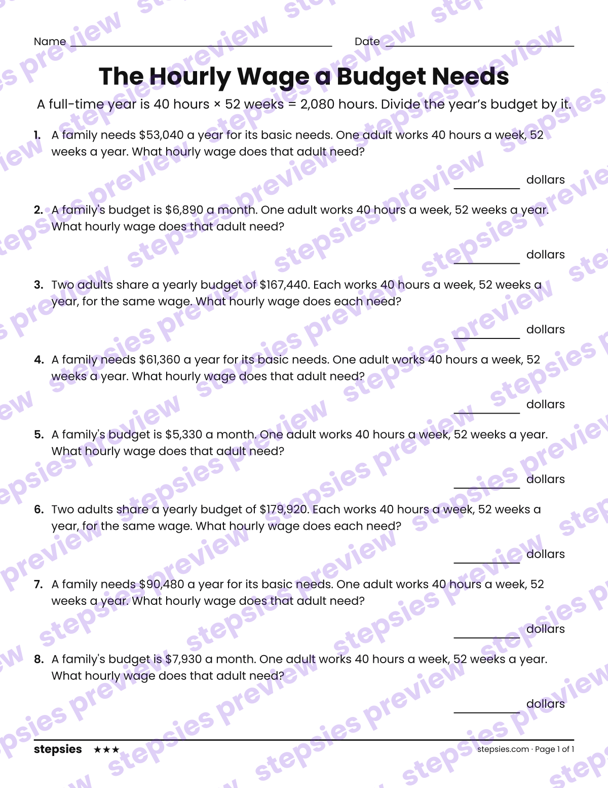 The Hourly Wage a Budget Needs: page 1 of a printable Grade 7 Math worksheet