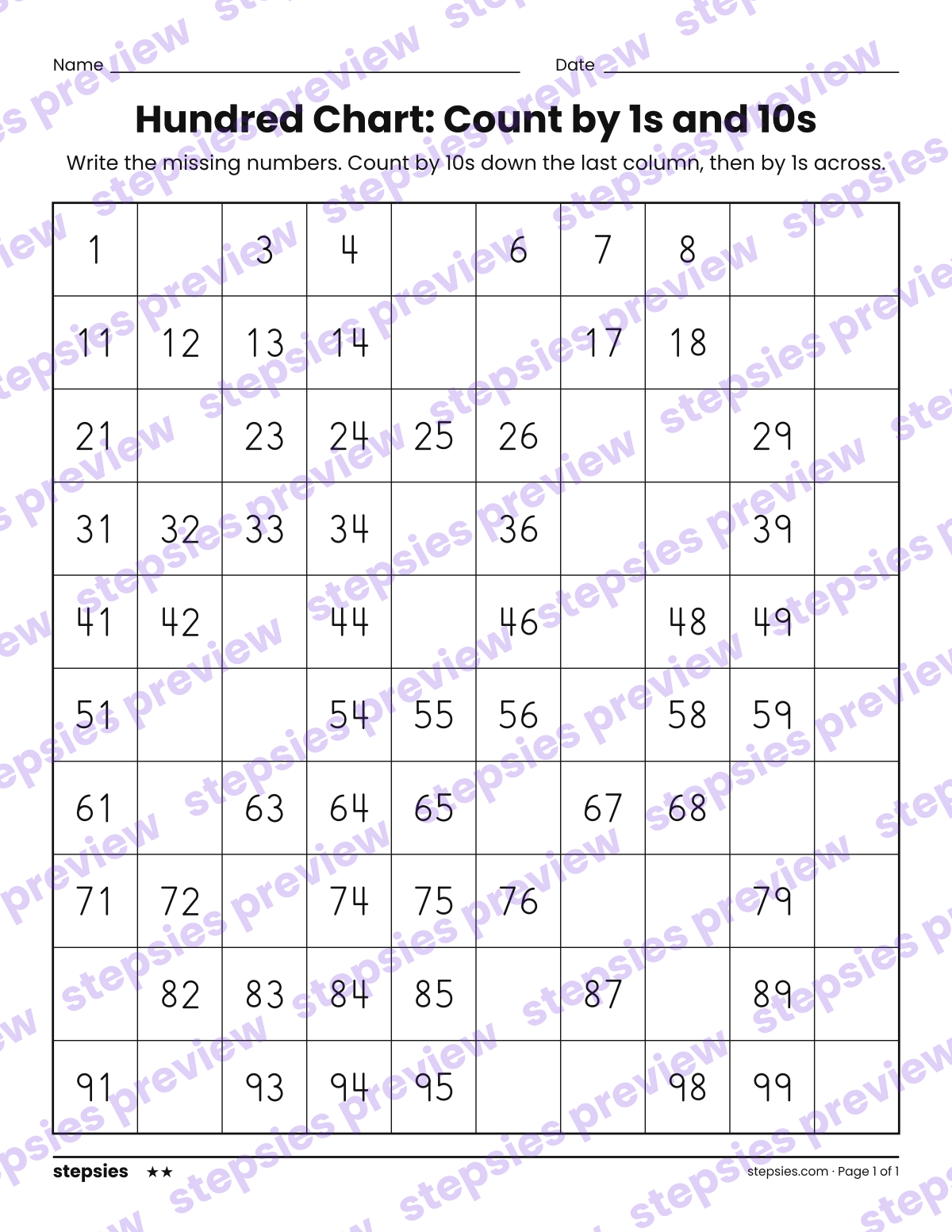 Hundred Chart: Count by 1s and 10s: page 1 of a printable Kindergarten and Grade 1 Math worksheet