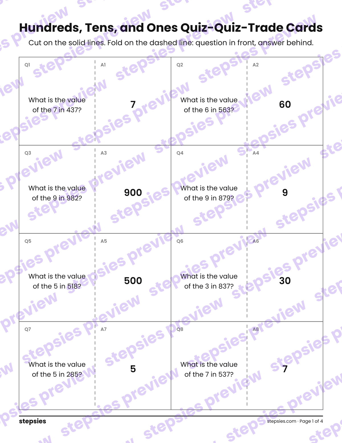Hundreds, Tens, and Ones: Quiz-Quiz-Trade Cards: page 1 of a printable Grade 2 Math worksheet