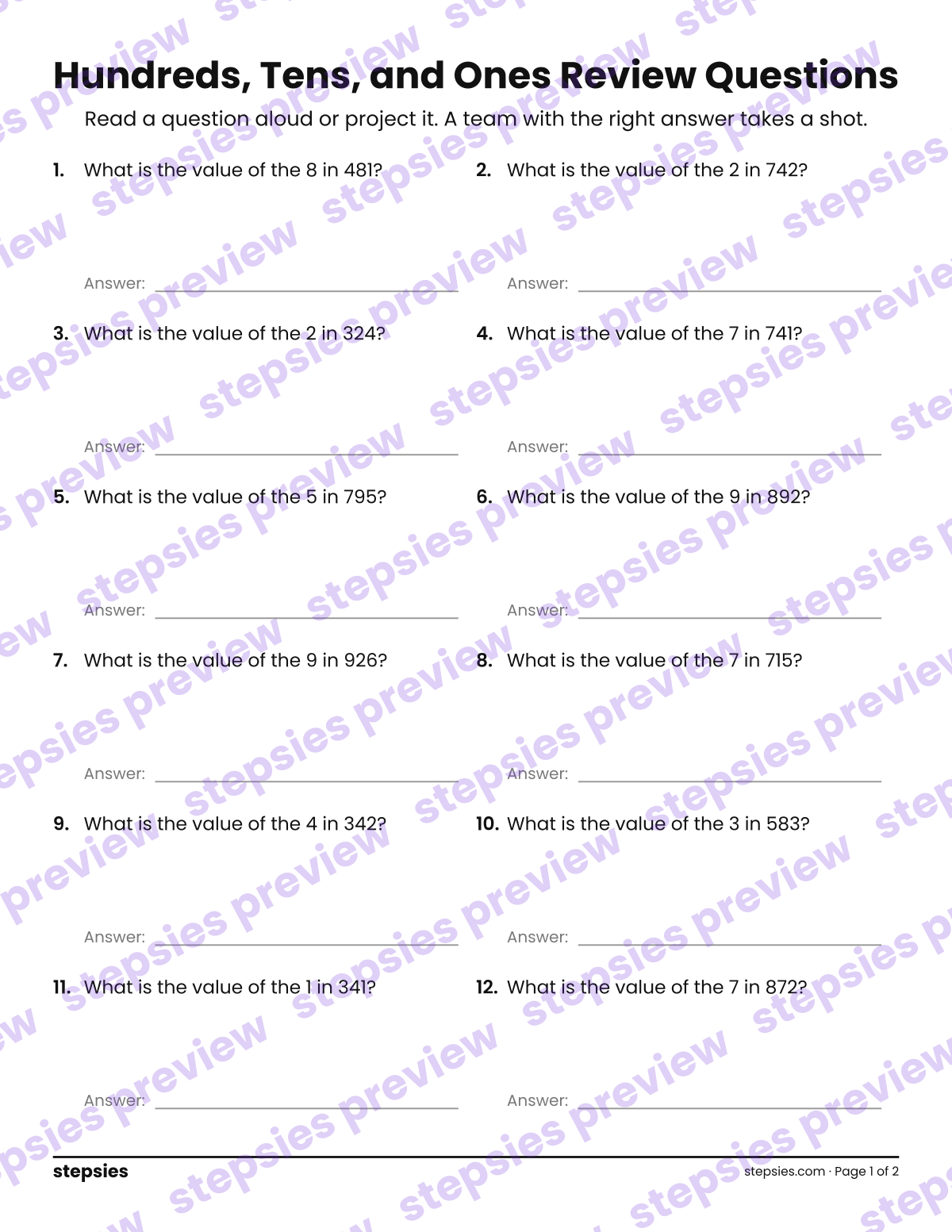 Hundreds, Tens, and Ones: Trashketball Review Questions: page 1 of a printable Grade 2 Math worksheet