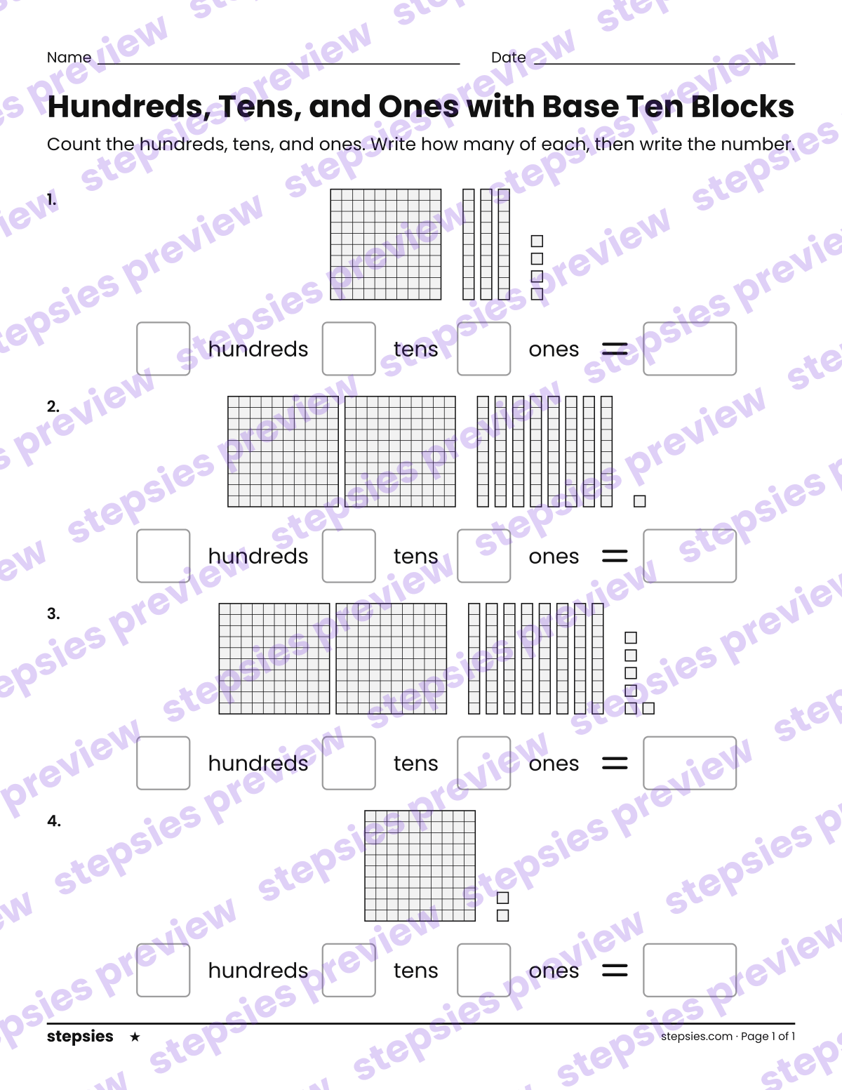 Hundreds, Tens, and Ones with Base Ten Blocks: page 1 of a printable Grades 2 and 3 Math worksheet