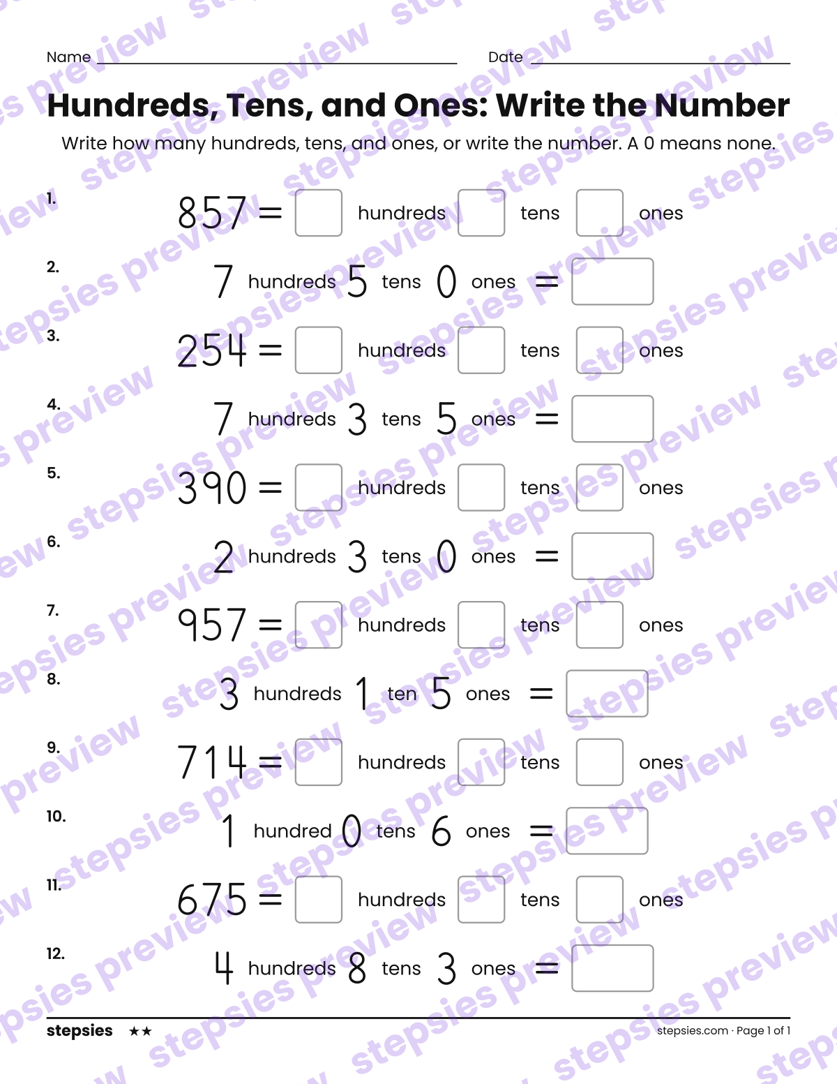 Hundreds, Tens, and Ones: Write the Number: page 1 of a printable Grades 2 and 3 Math worksheet