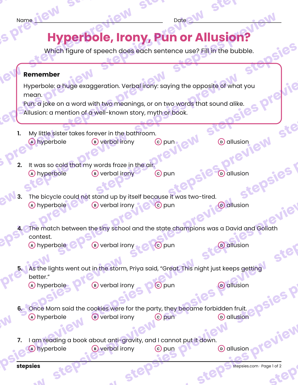 Hyperbole, Irony, Pun or Allusion?: page 1 of a printable Grade 8 Language worksheet