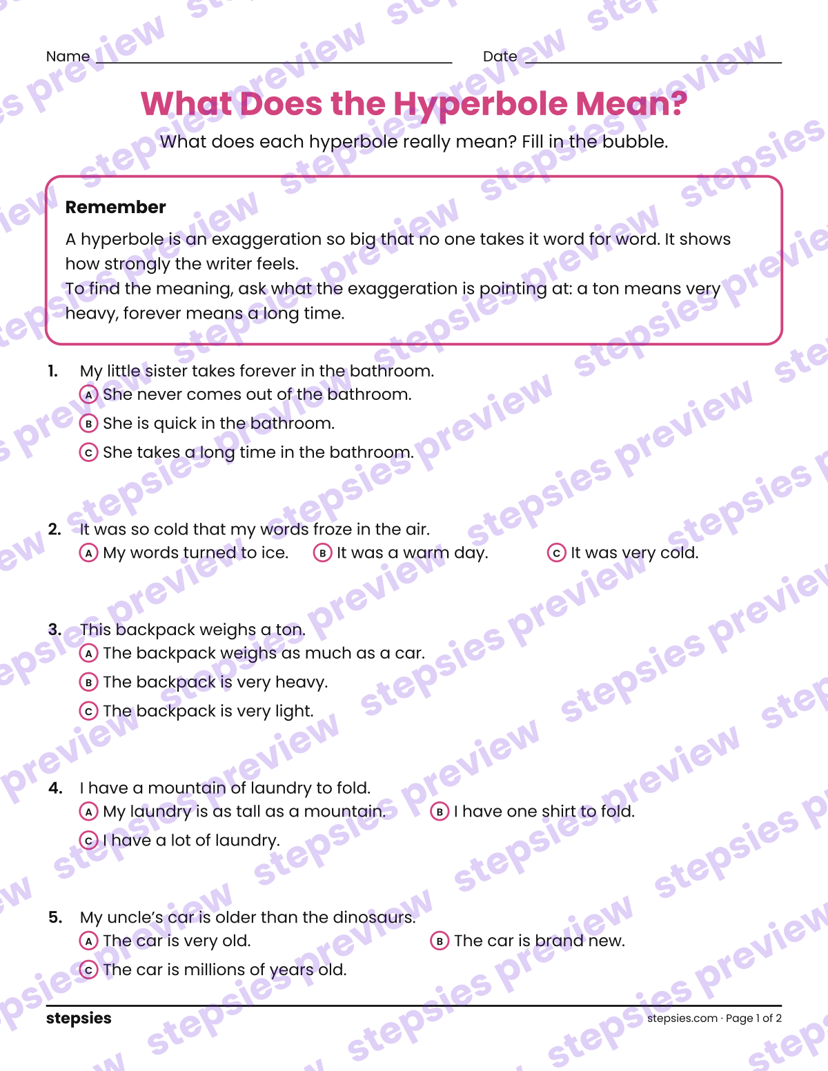 What Does the Hyperbole Mean?: page 1 of a printable Grades 6–8 Language worksheet