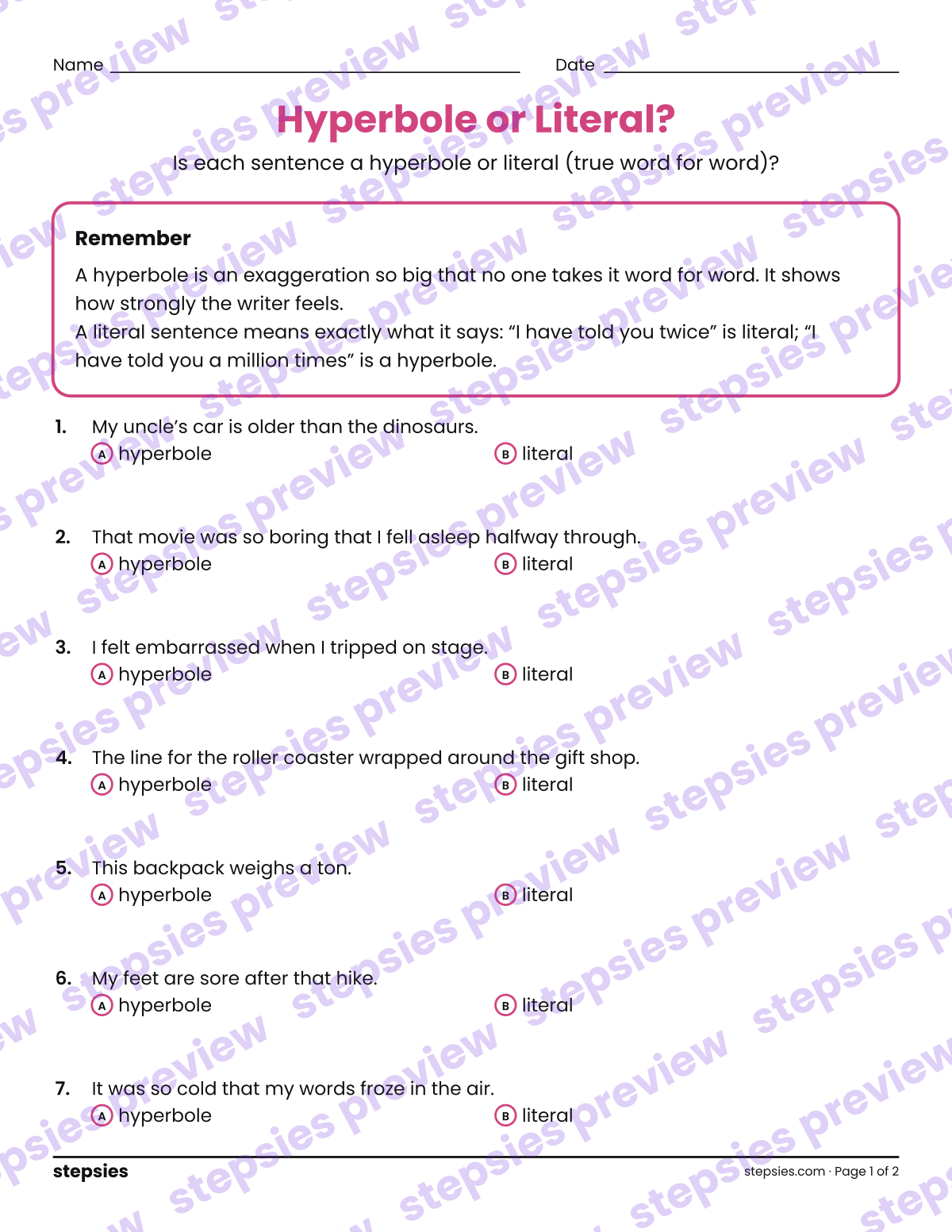Hyperbole or Literal?: page 1 of a printable Grades 6–8 Language worksheet