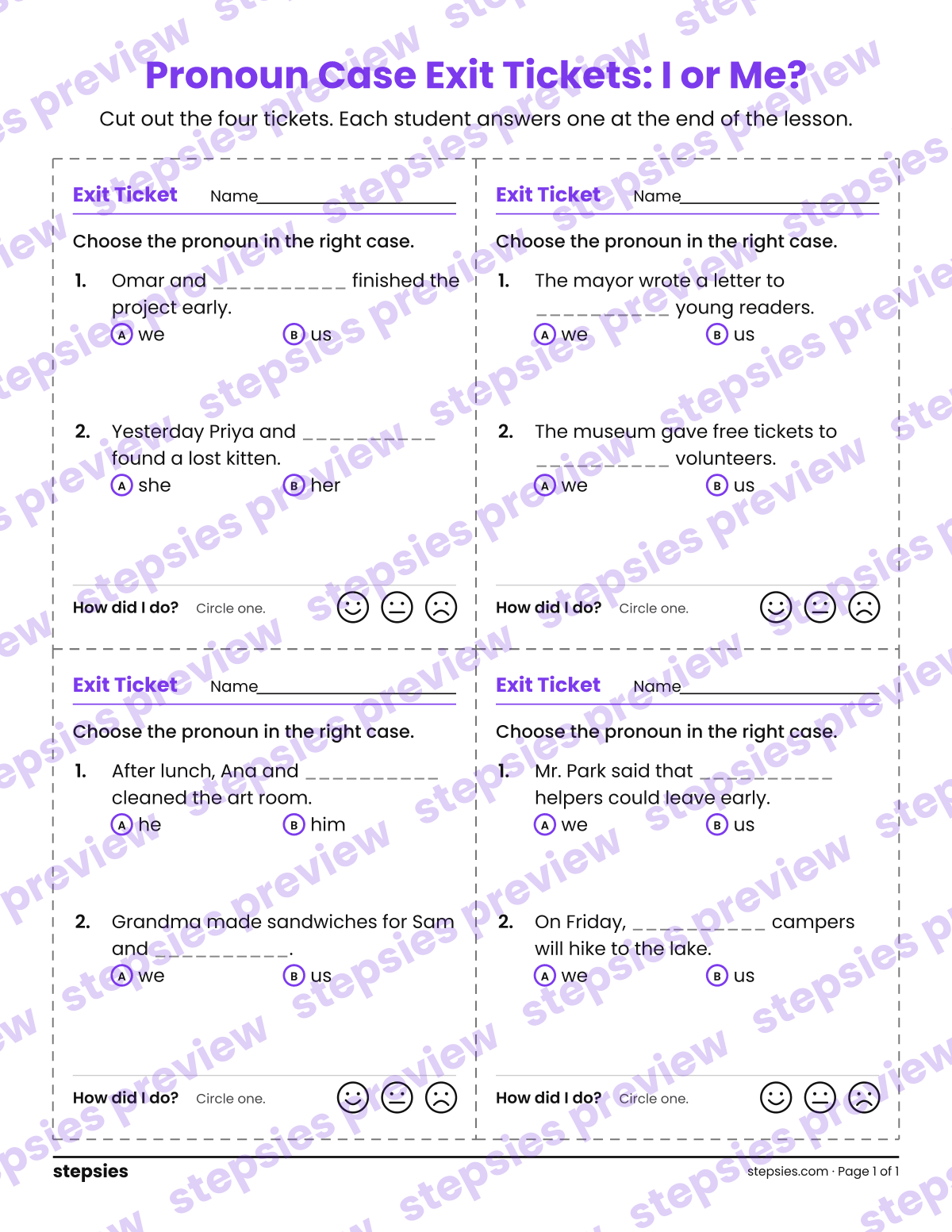 Pronoun Case Exit Tickets: I or Me?: page 1 of a printable Grades 6 and 7 Language worksheet