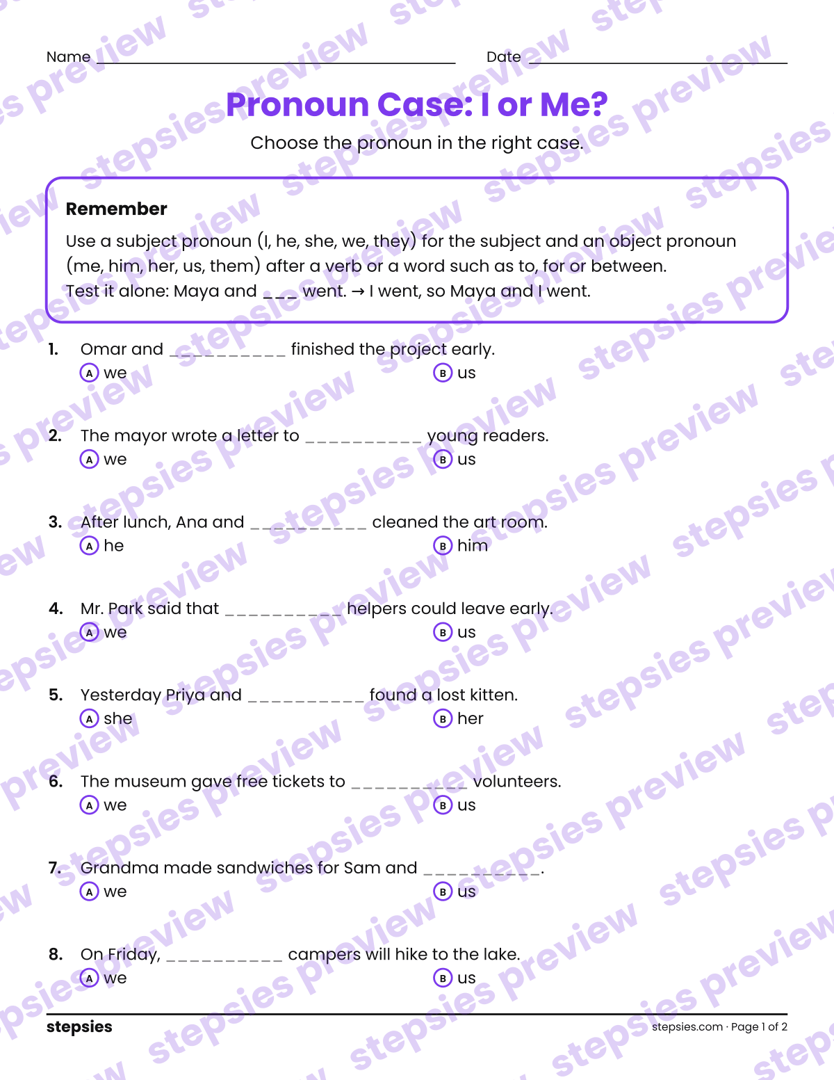 Pronoun Case: I or Me?: page 1 of a printable Grades 6 and 7 Language worksheet