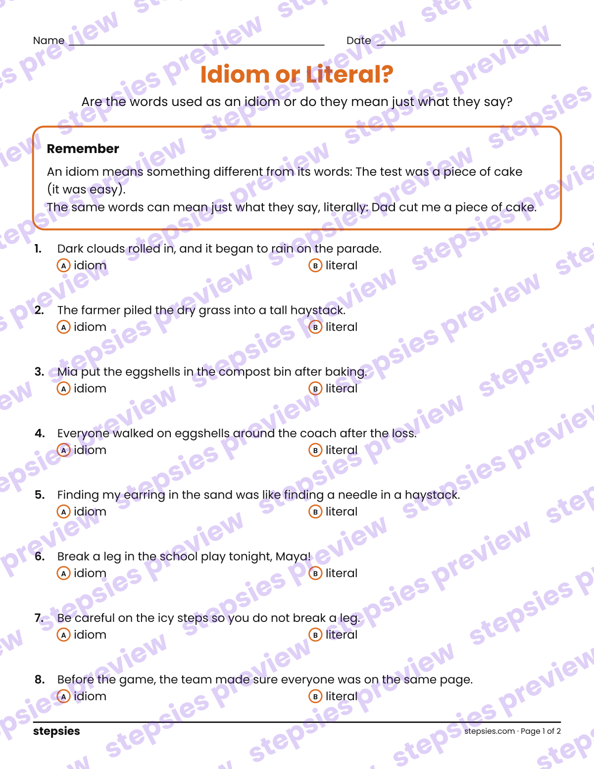 Idiom or Literal?: page 1 of a printable Grades 3–5 Language worksheet