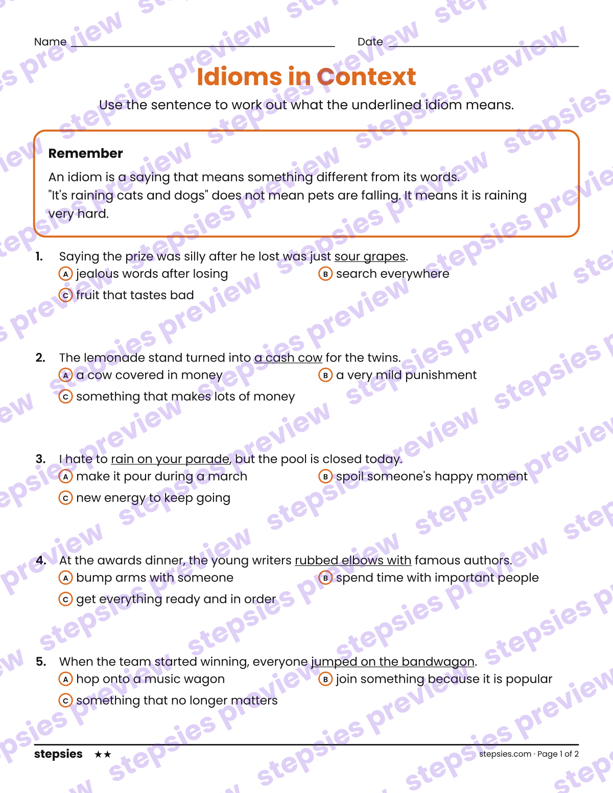 Idioms in Context: page 1 of a printable Grades 6–8 Language worksheet