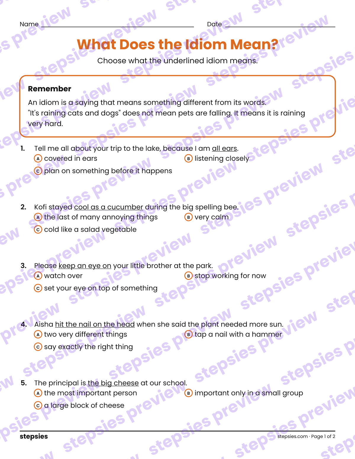 What Does the Idiom Mean?: page 1 of a printable Grades 4–6 Language worksheet