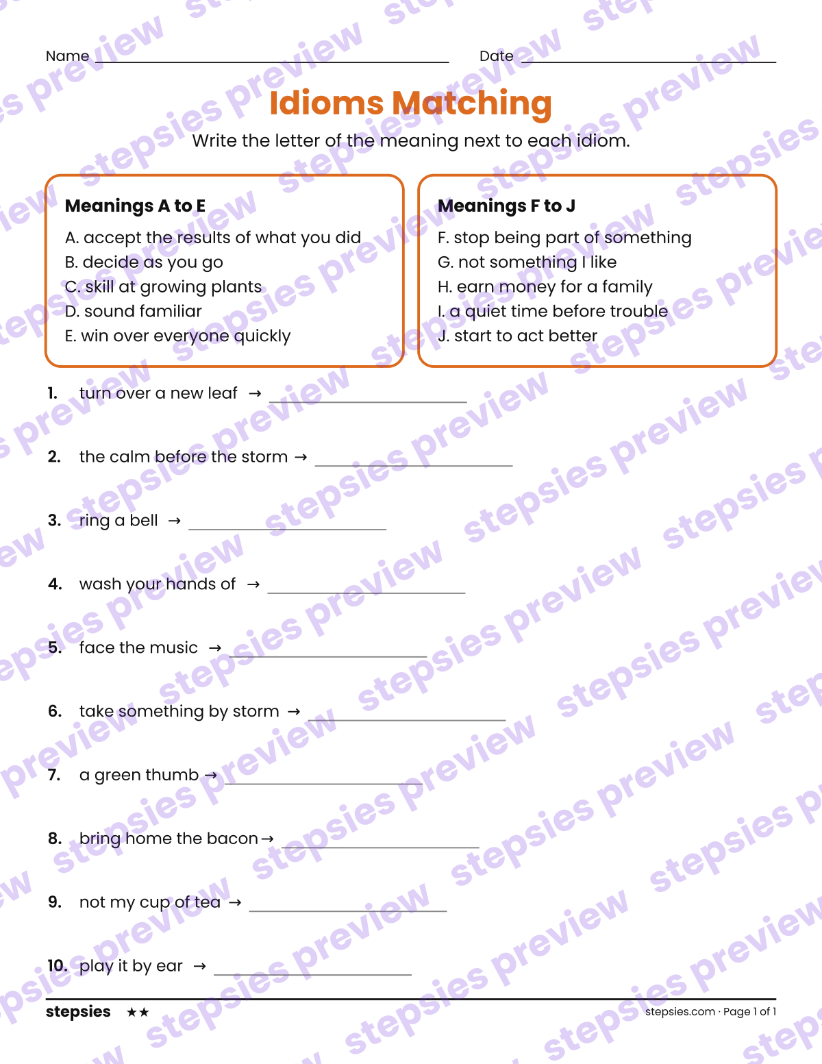 Idioms Matching: page 1 of a printable Grades 5 and 6 Language worksheet