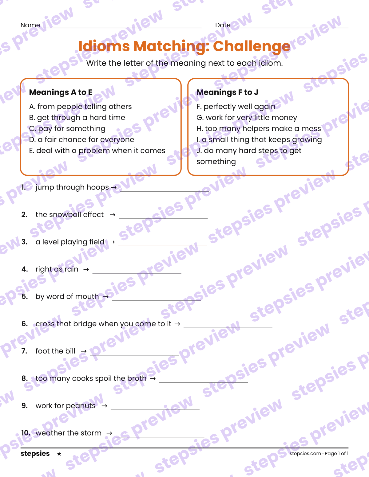 Idioms Matching: Challenge: page 1 of a printable Grades 6–8 Language worksheet