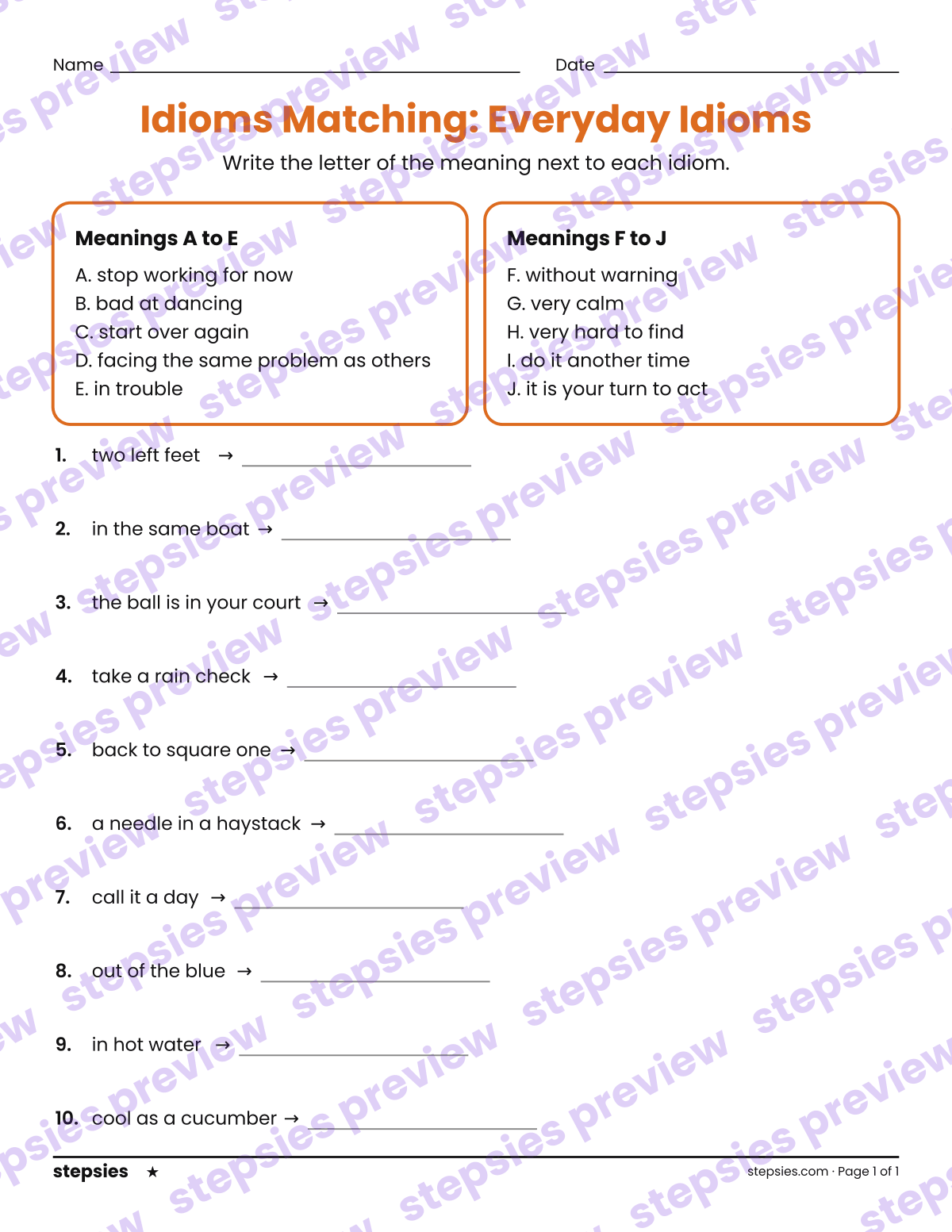 Idioms Matching: Everyday Idioms: page 1 of a printable Grades 3 and 4 Language worksheet