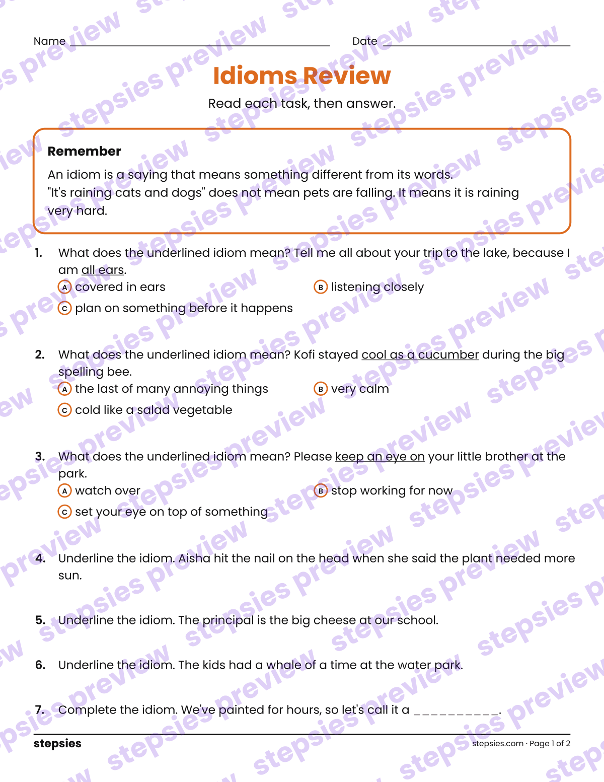 Idioms Review: page 1 of a printable Grades 4–6 Language worksheet