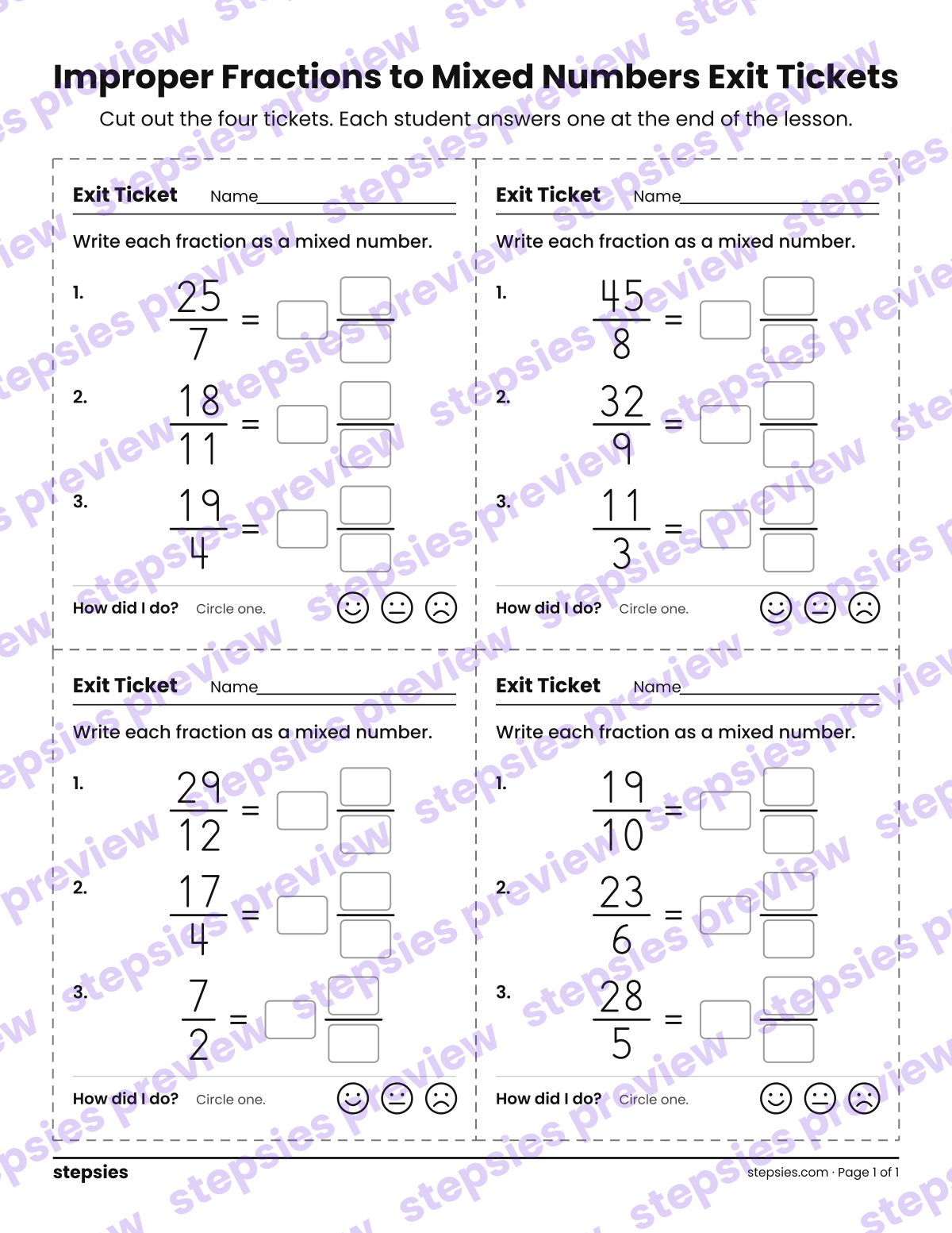 Improper Fractions to Mixed Numbers Exit Tickets: page 1 of a printable Grades 4 and 5 Math worksheet