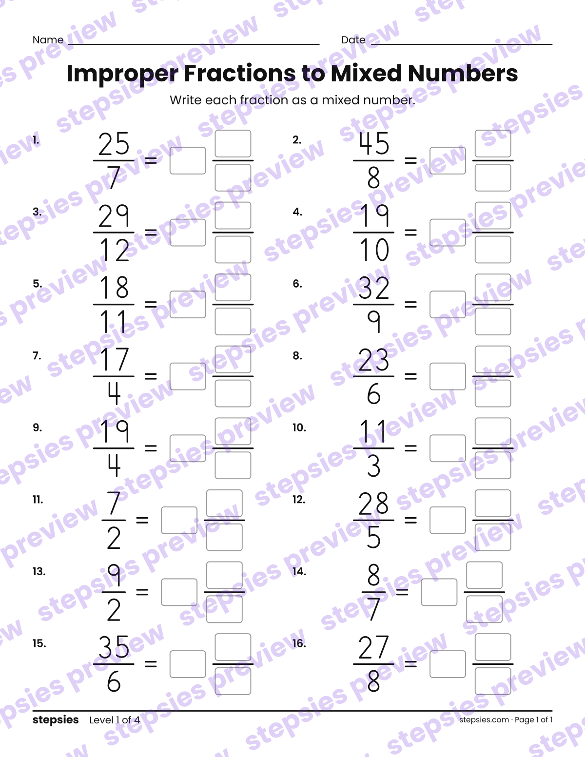 Improper Fractions to Mixed Numbers: page 1 of a printable Grades 4 and 5 Math worksheet