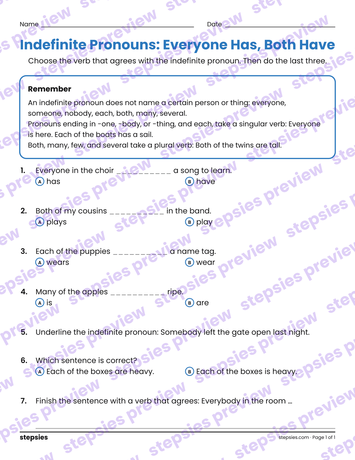 Indefinite Pronouns: Everyone Has, Both Have: page 1 of a printable Grade 5 Language worksheet