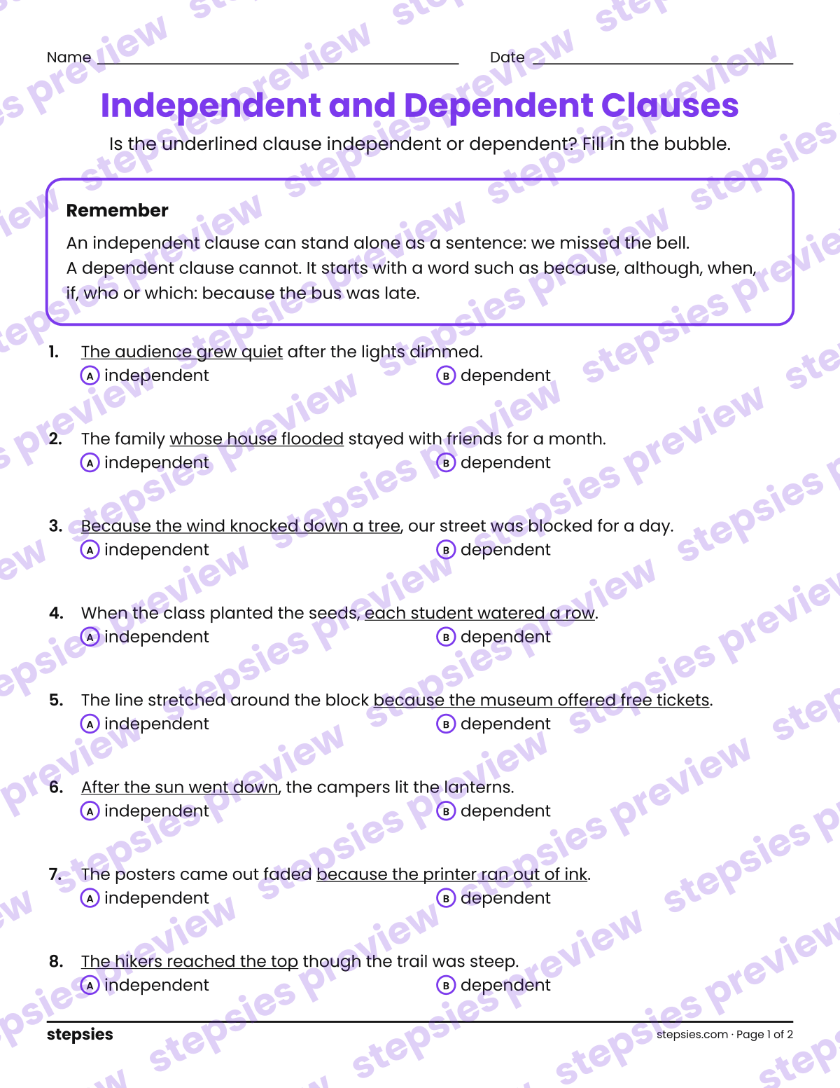 Independent and Dependent Clauses: page 1 of a printable Grades 6 and 7 Language worksheet