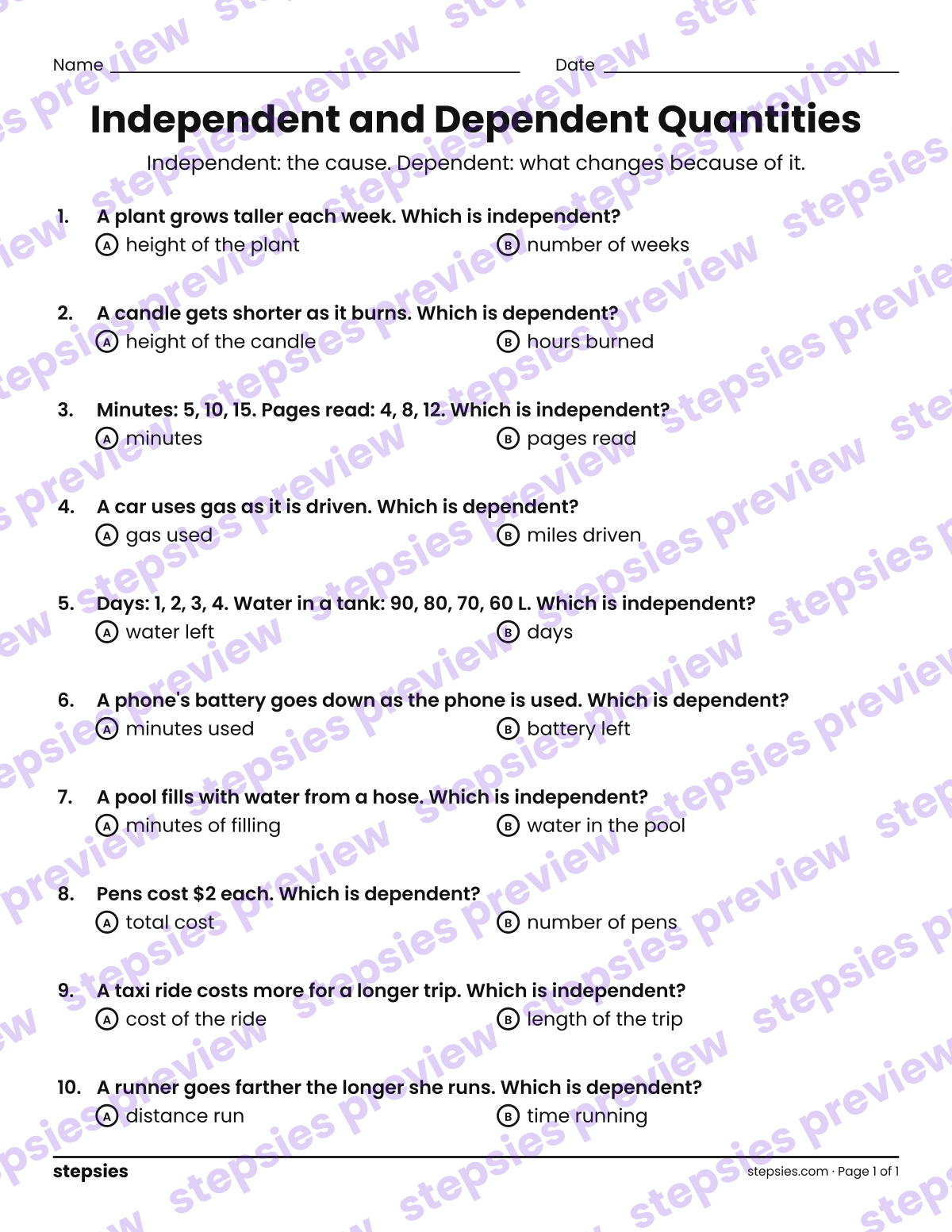 Independent and Dependent Quantities: page 1 of a printable Grade 6 Math worksheet