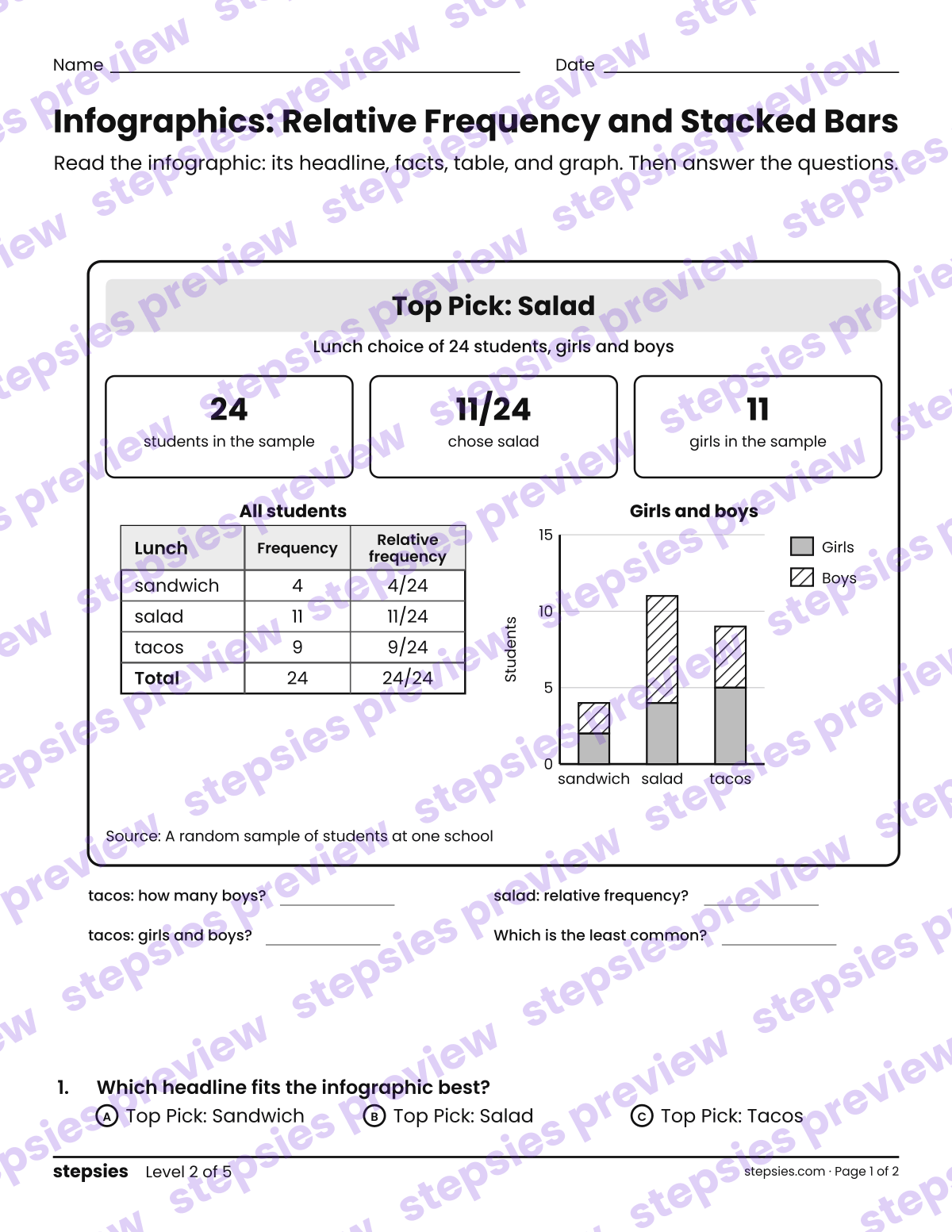 Infographics: Relative Frequency and Stacked Bars: page 1 of a printable Grade 5 Math worksheet