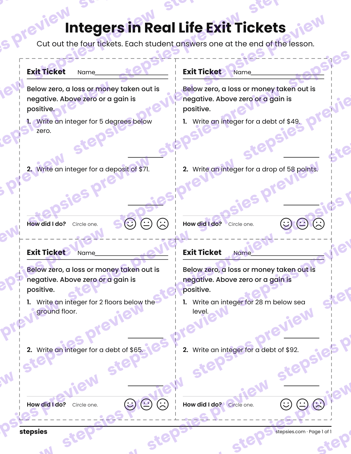 Integers in Real Life Exit Tickets: page 1 of a printable Grade 6 Math worksheet