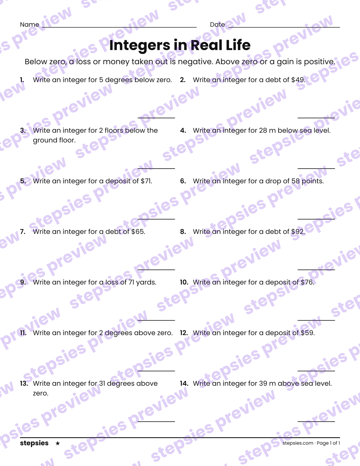 Integers in Real Life: page 1 of a printable Grade 6 Math worksheet