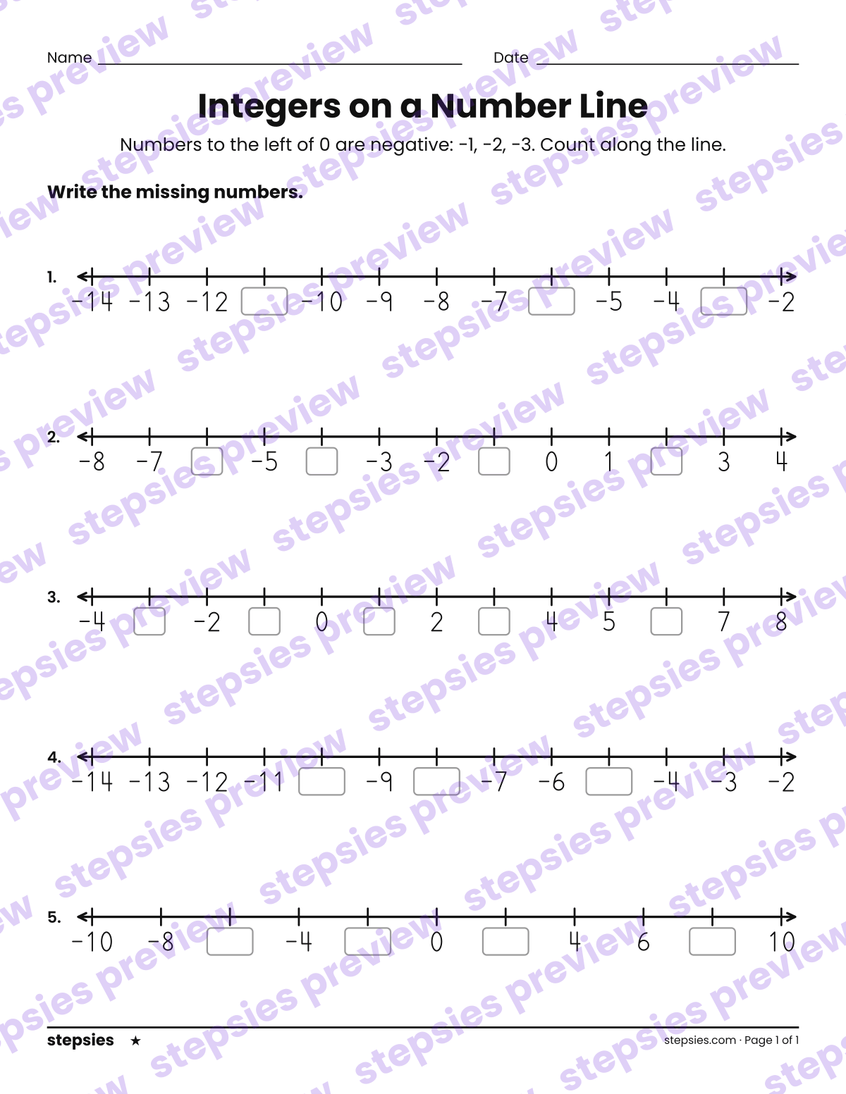 Integers on a Number Line: page 1 of a printable Grade 6 Math worksheet