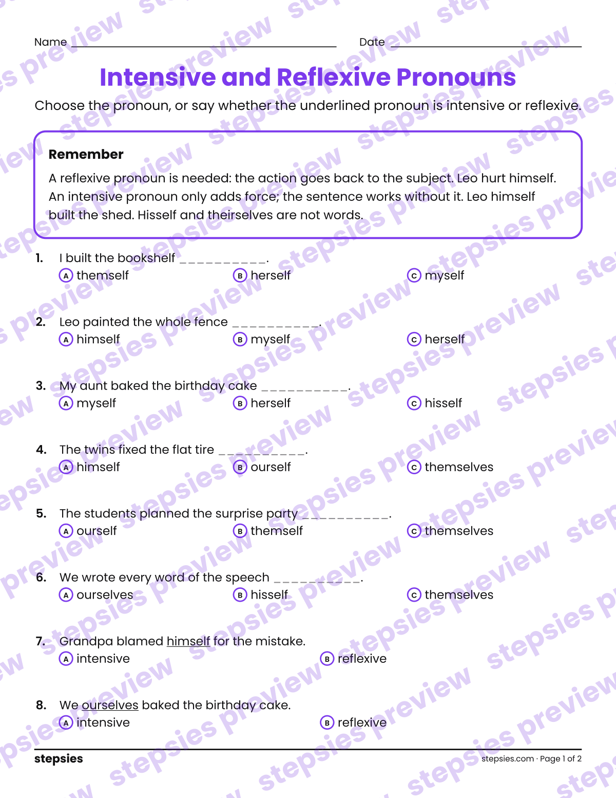 Intensive and Reflexive Pronouns: page 1 of a printable Grade 6 Language worksheet