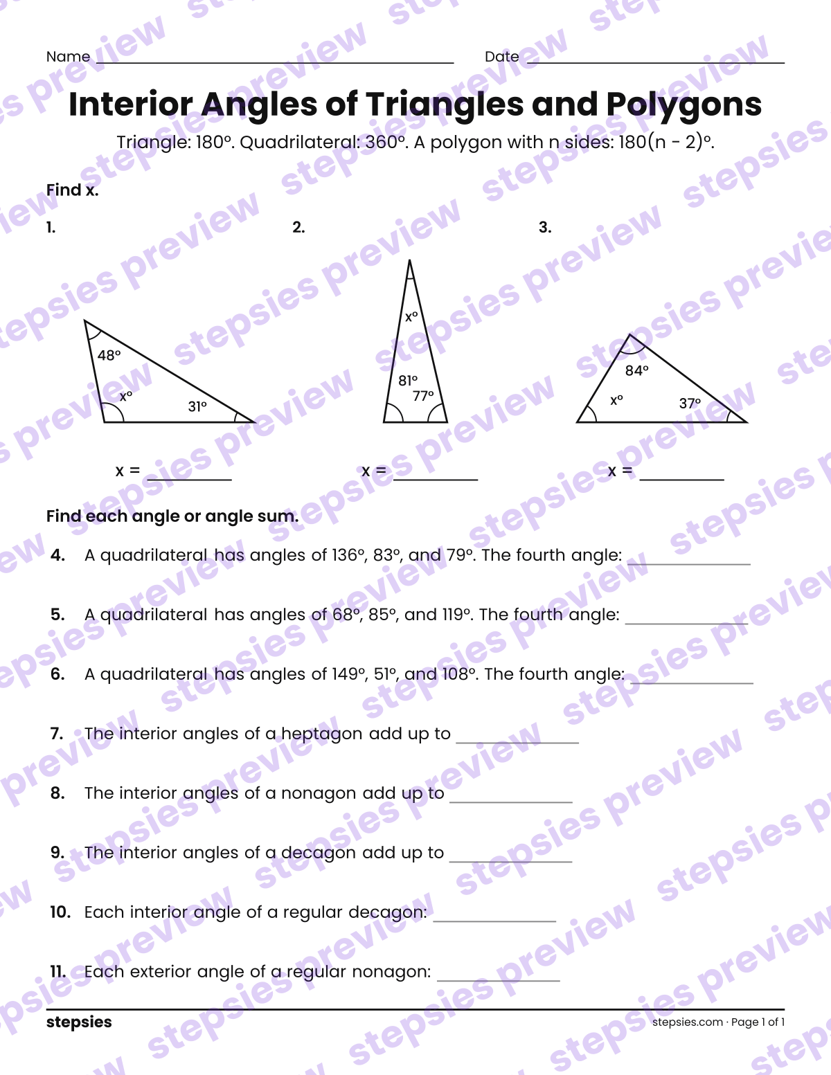 Interior Angles of Triangles and Polygons: page 1 of a printable Grades 6 and 7 Math worksheet