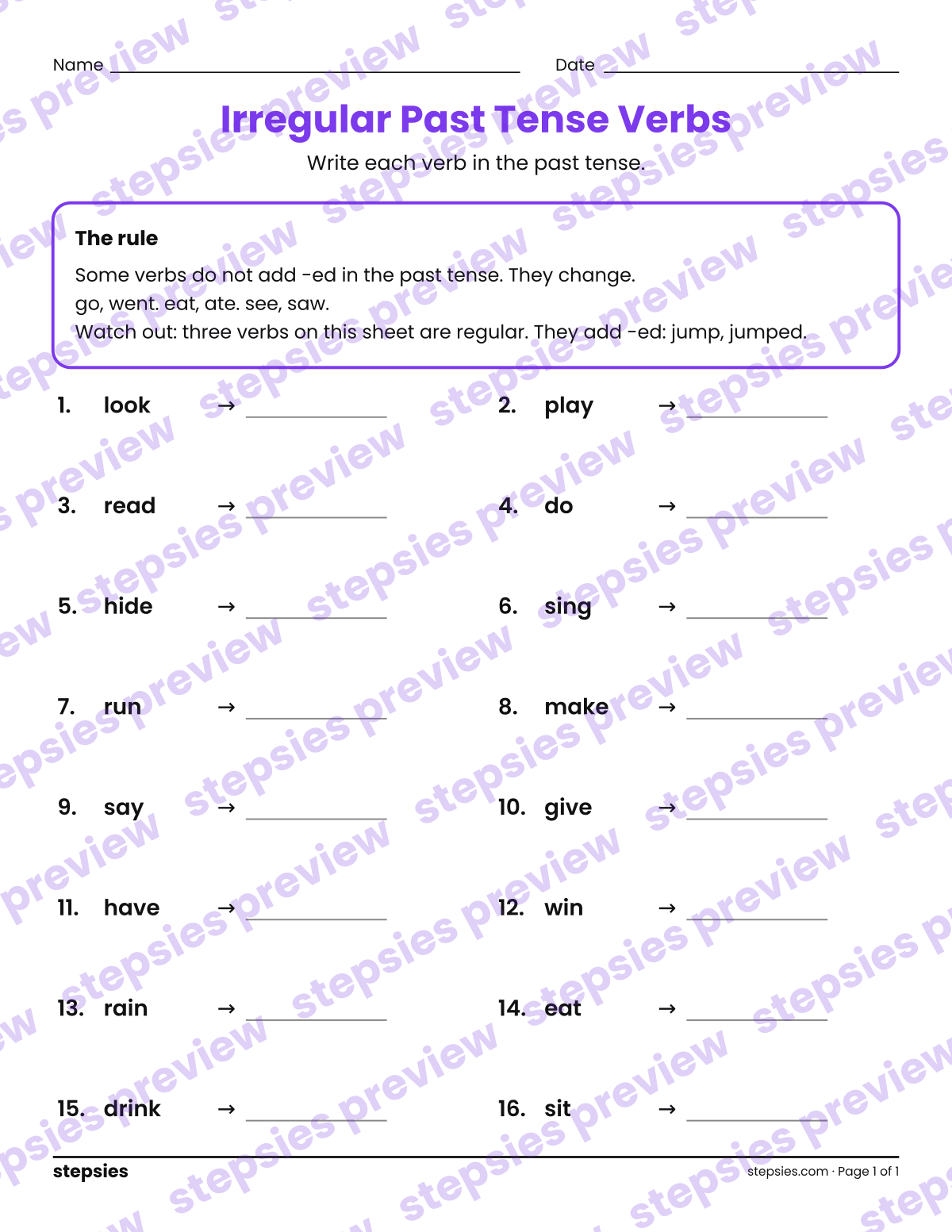 Irregular Past Tense Verbs: page 1 of a printable Grades 2 and 3 Language worksheet