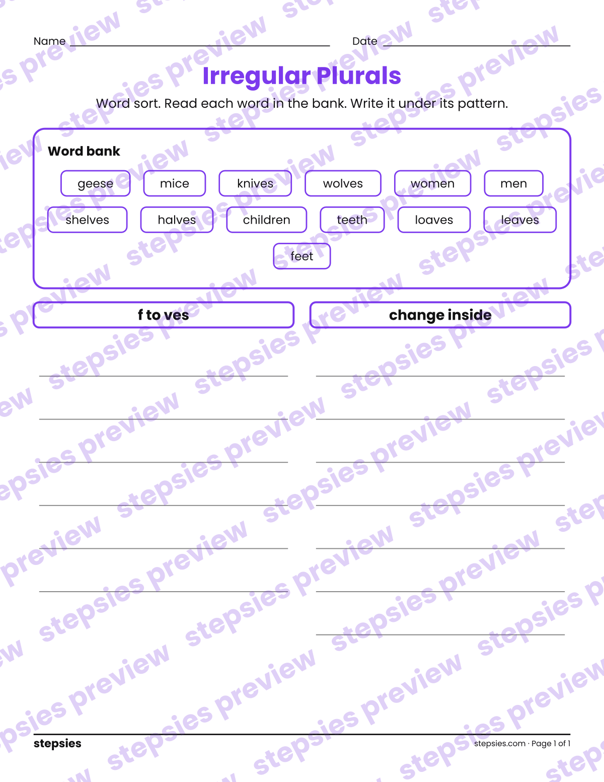 Irregular Plurals: Word Sort: page 1 of a printable Grade 4 Language worksheet
